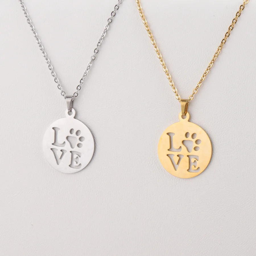 

10pcs 45cm Mirror Polished Stainless Steel Hollow Love Dog Paw Footprints Necklace Round Pet Paw Pendant Women Trendy jewelry