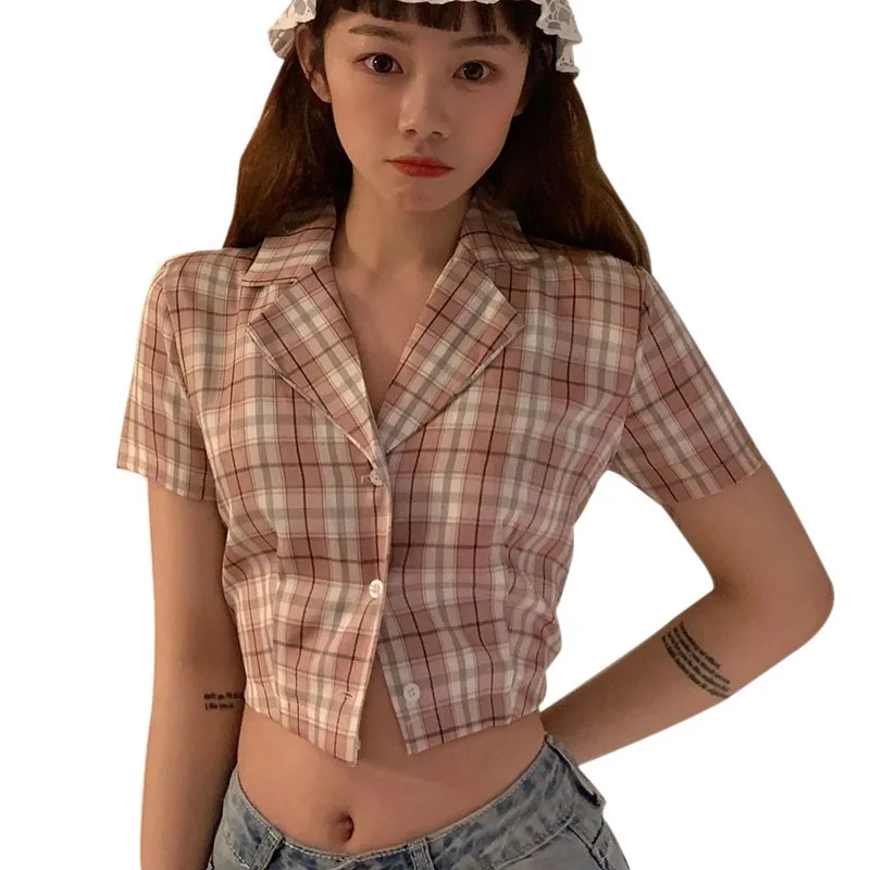 

Short Sleeve Summer Plaid Blouse Shirts For Women Elegant Korean Style Women Sexy Notched Short Sleeve Blouse Tops