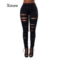 long pants sexy ripped jeans for women trousers mid waisted skinny hole denim pants black white sexy slim female jeans mujer