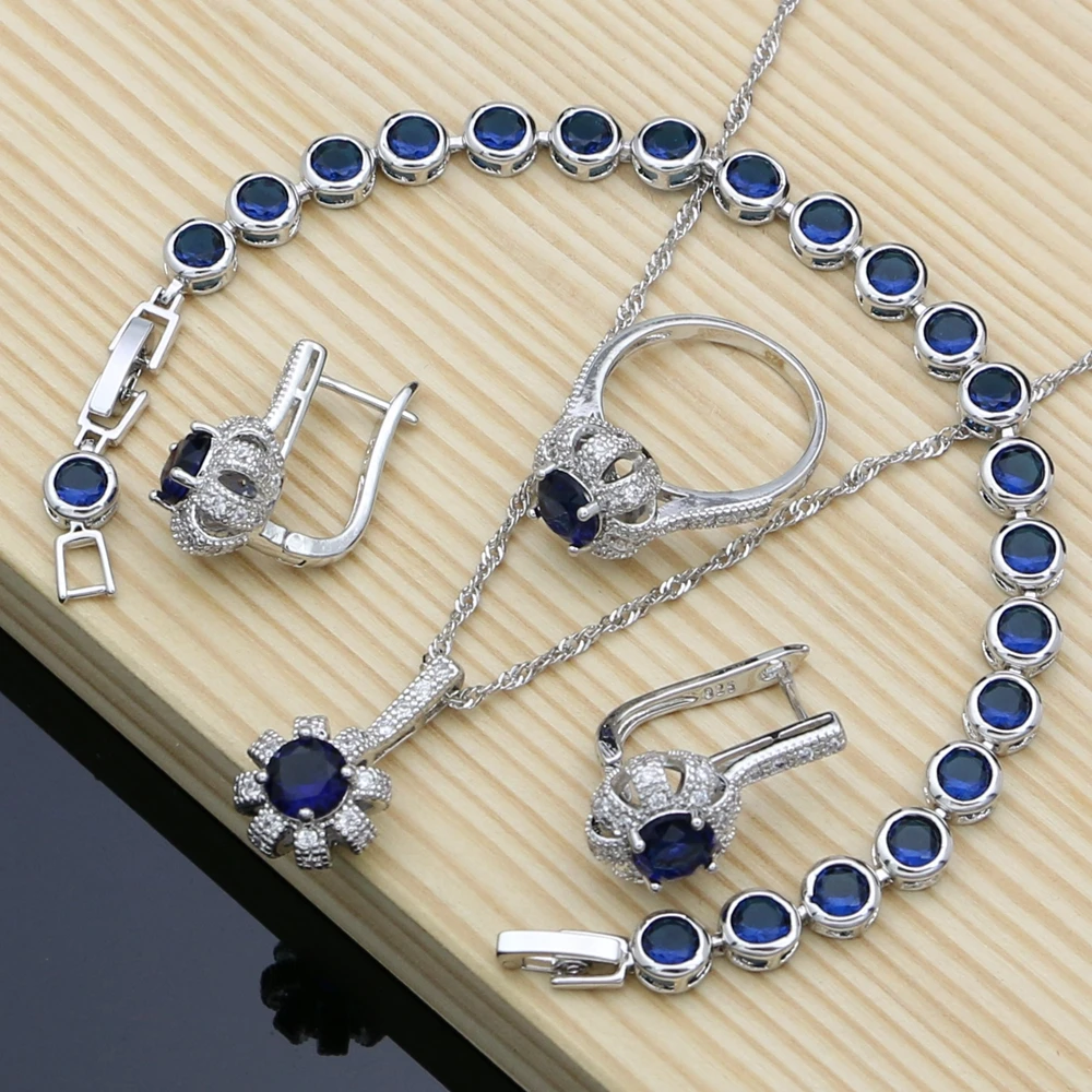 Blue Cubic Zirconia 925 Sterling Silver Bridal Jewelry Sets Docoration Women Wedding Earrings Rings Dropshipping Necklace Set | Украшения и