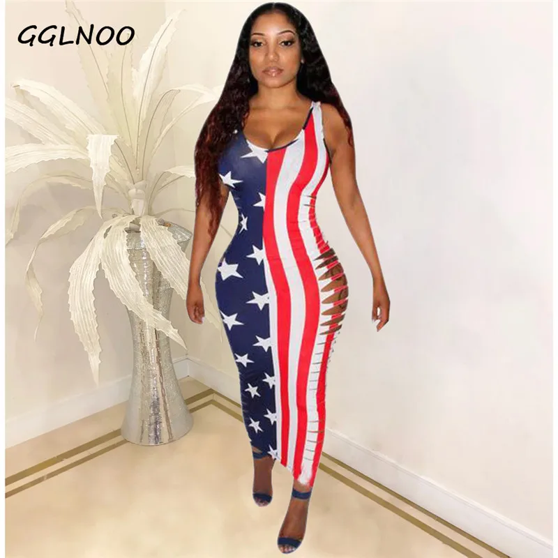 

GGLNOO Women Summer American Flag Print Hollow Out Side Tank Midi Maxi Dress Sexy Party Night Club Long Dresses Fashion Street