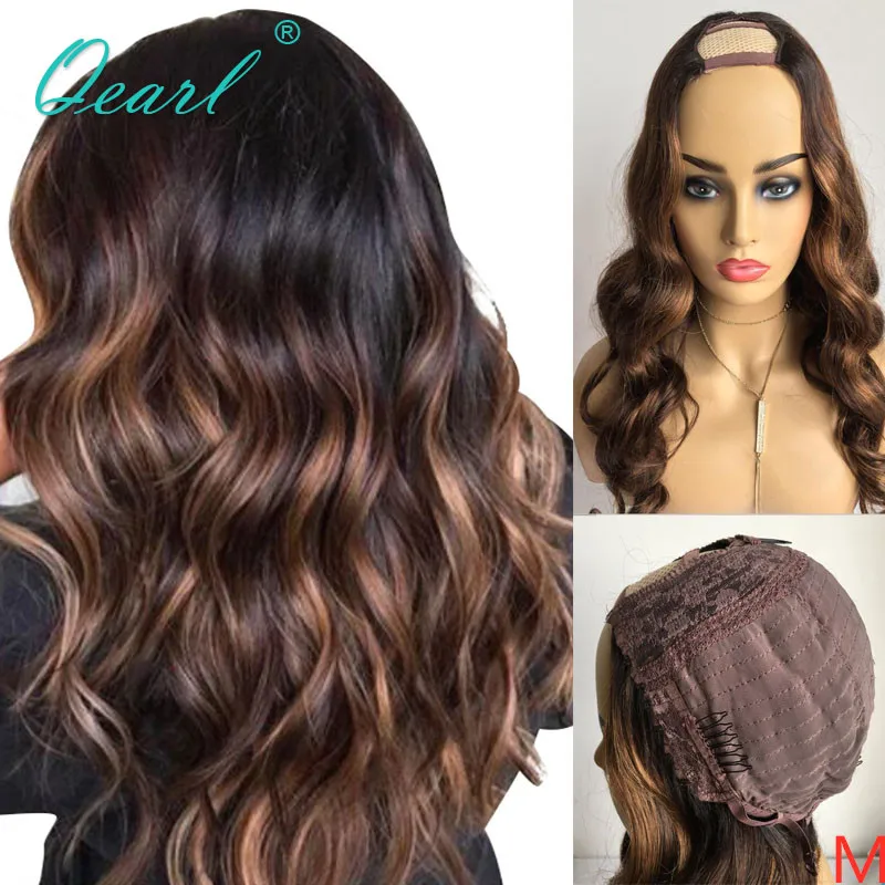 U part Human Hair Wig 2x4 Water Wave Cheap Sale Brown Honey Blonde Highlights Colored Wigs for Women 200% Thick Glueless Qearl