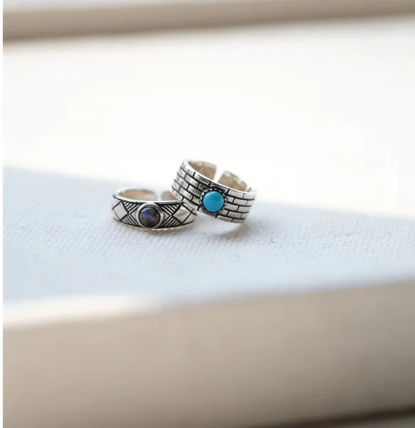 

100% s925 sterling silver ring female Korean version of the retro Thai silver open blue turquoise ring