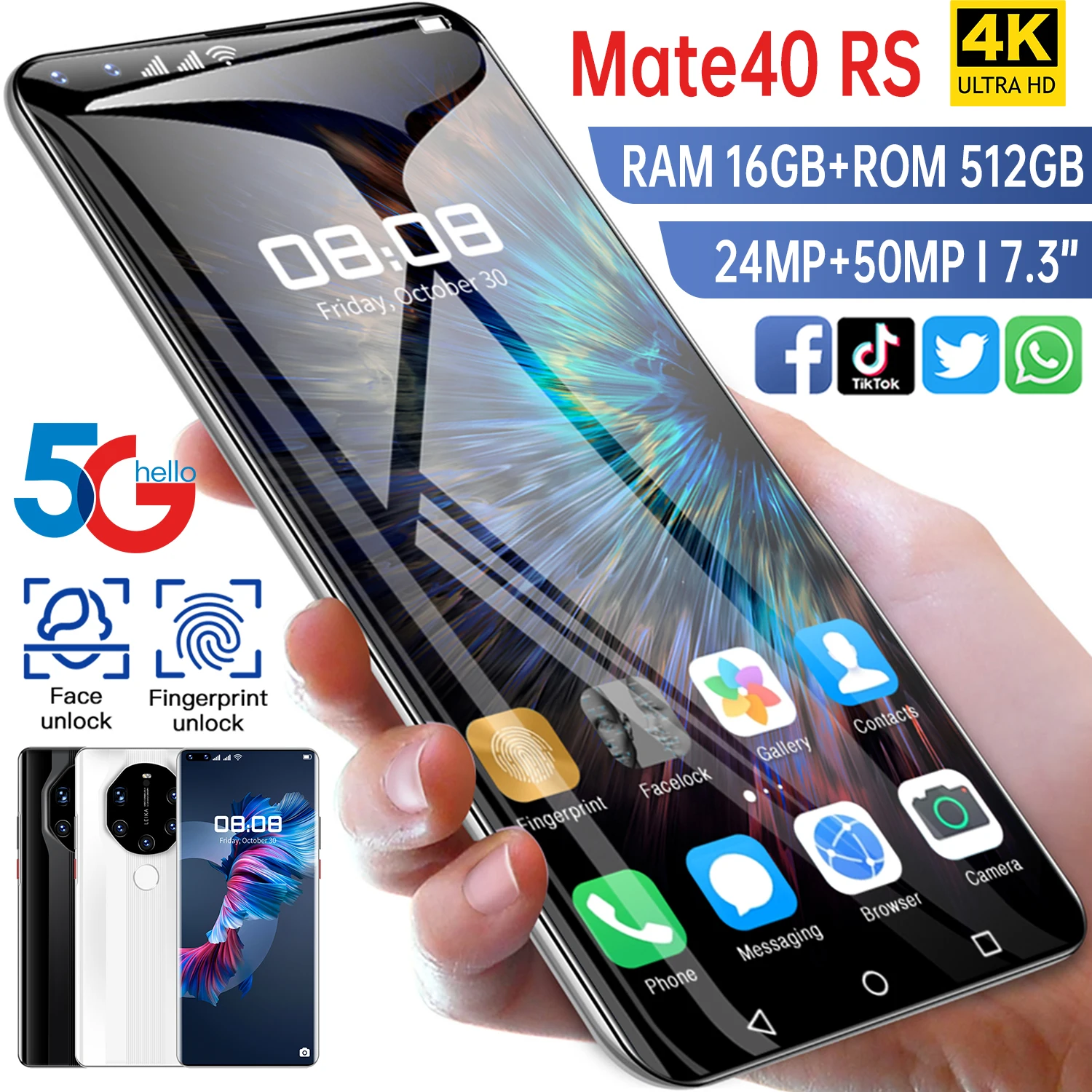 

2021Global Version Mate40 RS Smartphones 16G+512G Android10 Face Unlocked 6800mAh 50MP Dual SIM 4G 5G Mobile Phone