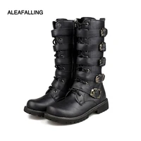 aleafalling men army boots high military combat boots metal buckle punk mid calf male motorcycle boots lace up mens shoes rock