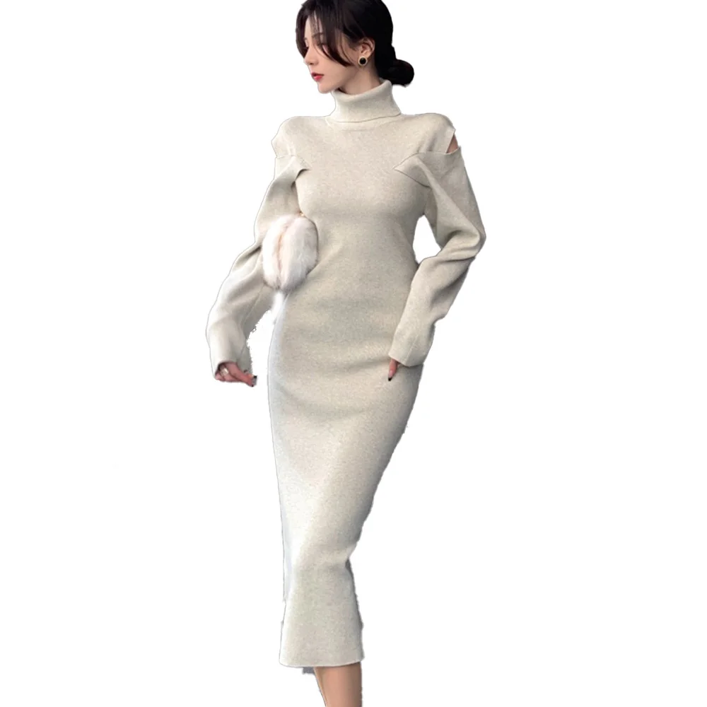 

Japan Style Ladies Dresses Autumn Winter Korean Fashion Temperament Elegant Simple Thin Hot Sale Strapless Knitted Turtleneck