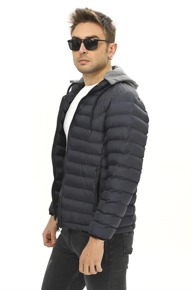 Мужское Надувное темно синее пальто Slim Fit с капюшоном|Мужские куртки| |