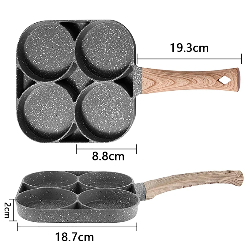 

Four-hole Frying Pot Thickened Omelet Pan Black Non-stick Egg Steak Ham Pancake Wooden Handle Kitchen Cooking Breakfast Maker
