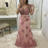 light pink mermaid prom dresses sheer jewel cap sleeve vintage lace long formal evening gowns robe de soir%c3%a9e de mariage