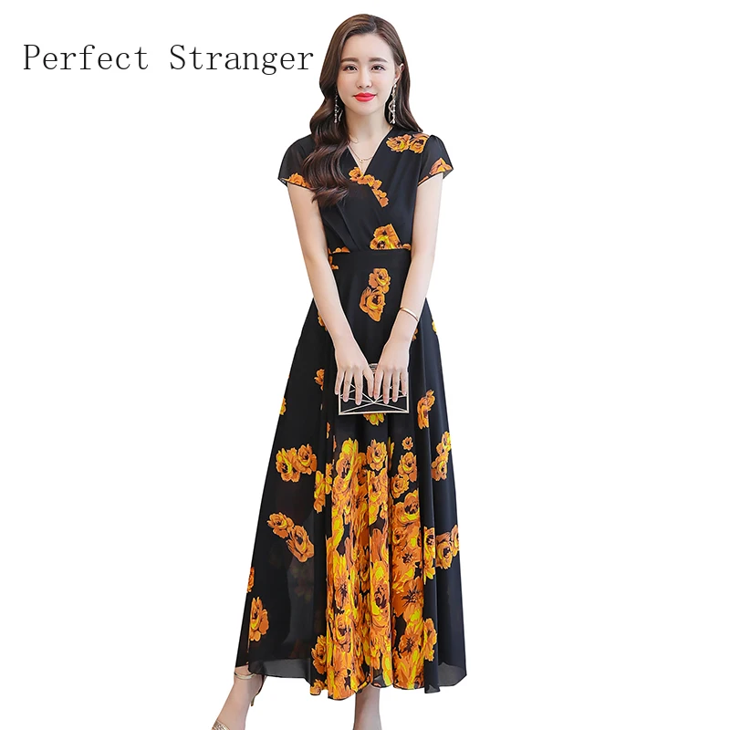 

2020 Summer New Arrival Plus Size M-4XL V Collar Flower Printed Short Sleeve Women Chiffon Long Dress