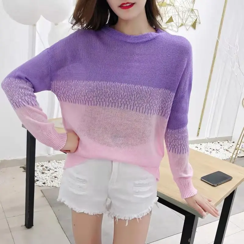 2019 autumn women's sweater small fresh mohair gradient color base loose hood large size shirt thin | Женская одежда