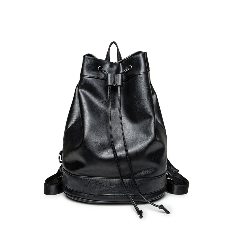 

PU Leather Bucket Backpack Drawstring Hasp Multifuction Black Chic College Bag Casual All-match Travel Bag Unisex Mochila DF394