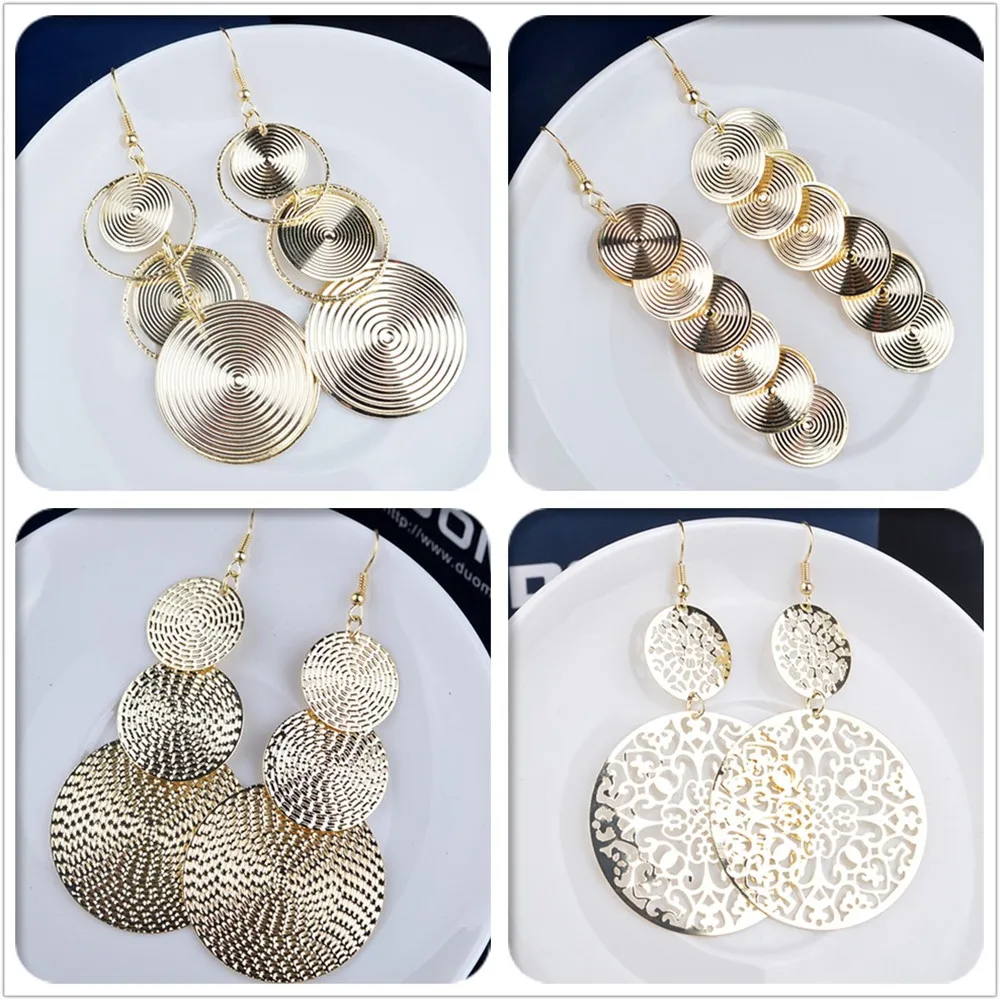 Длинные сережки для женское дисковое блестки с металлическим классическим