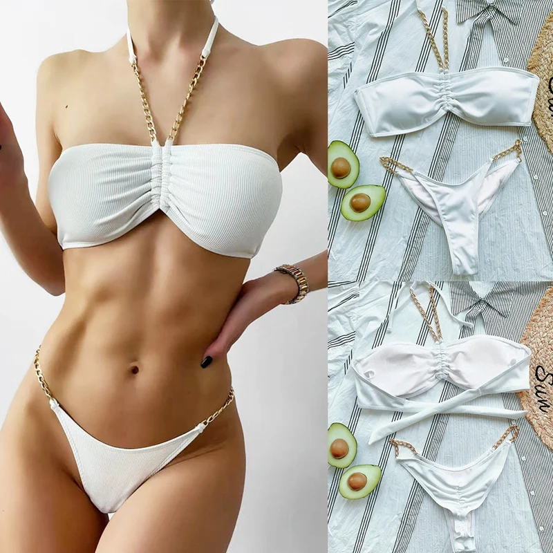 

Sexy Halter Ribbed Bikini Women Swimwear Female Swimsuit 2-Pieces Bikini Set Metal Chain Bathing Suit Swim