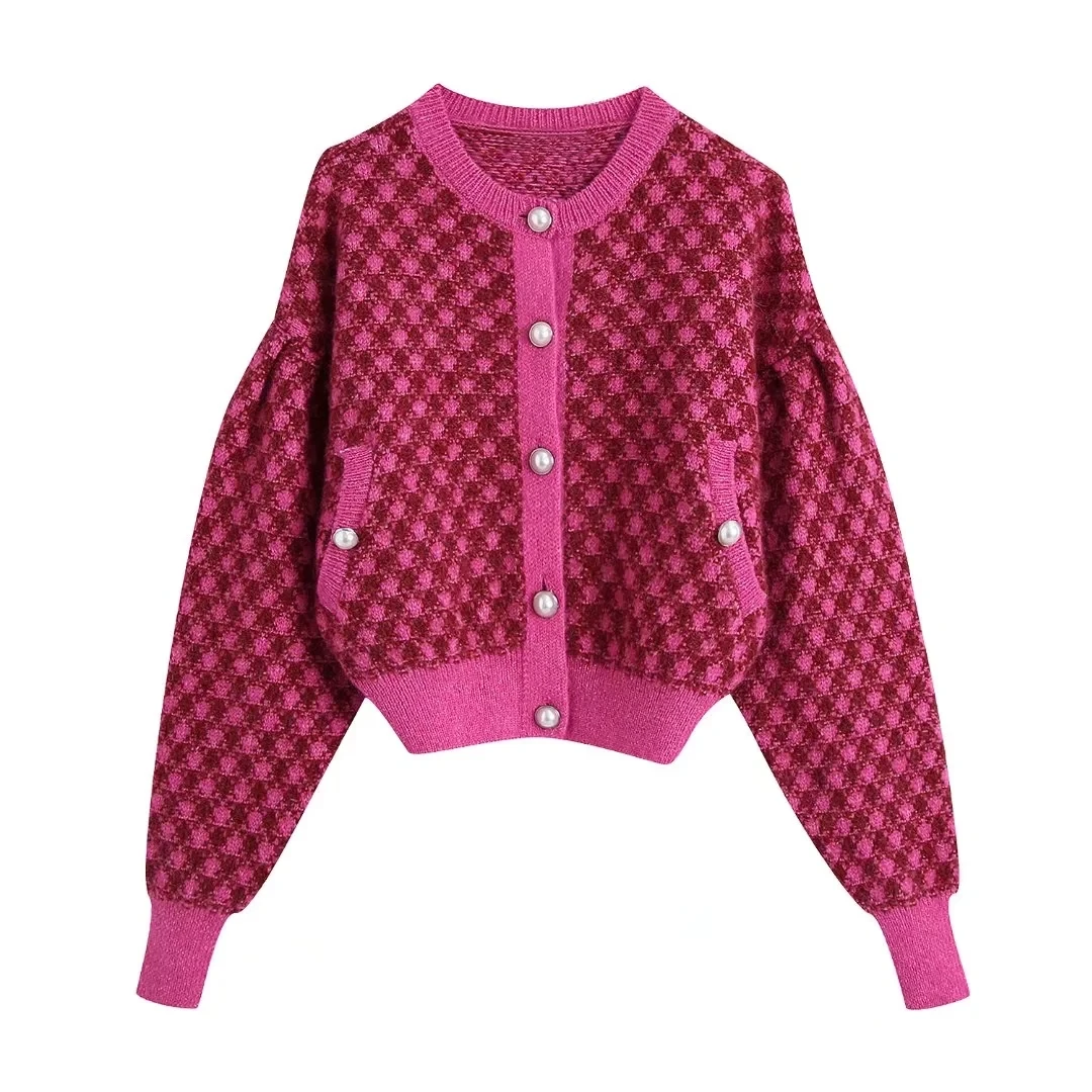 

PTYSIC 2022 Весна новое поступление клетчатый жаккардовый вязаный кардиган однобортный с длинным рукавом милый элегантный шикарный жакет с кру...