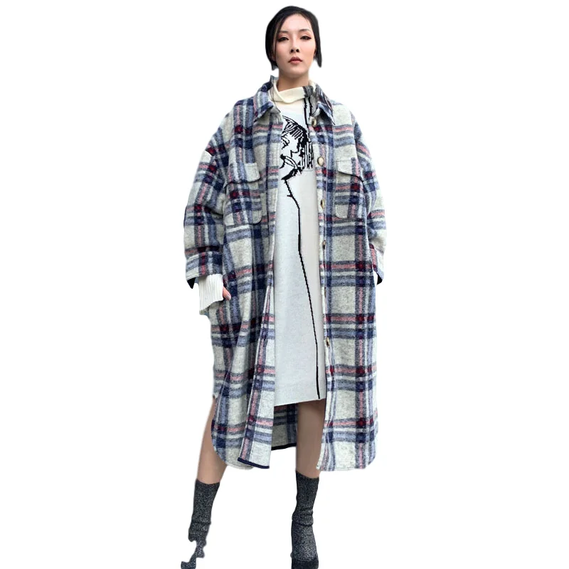 2021 Autumn Winter Women Coats Turn Down Collar Woolen Cashmere Plaid Elegant Wool Jacket Women Long Plus Size Coat