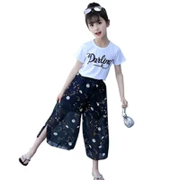 childrens clothing summer girl suit cotton letter short sleeved t shirt chiffon flower wide leg pants 2 piece set 4 12 years