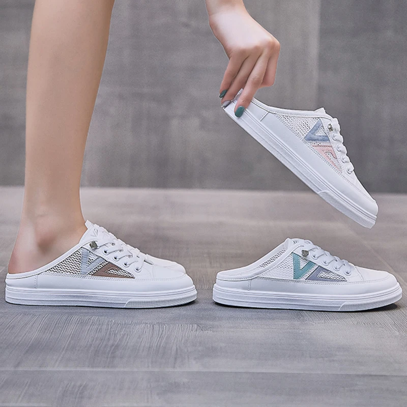 

Summer Ladies Half Slippers Fashion Single Mesh Hollow Student Casual Sneakers Lightweight Comfortable Casual Shoes Size35-40