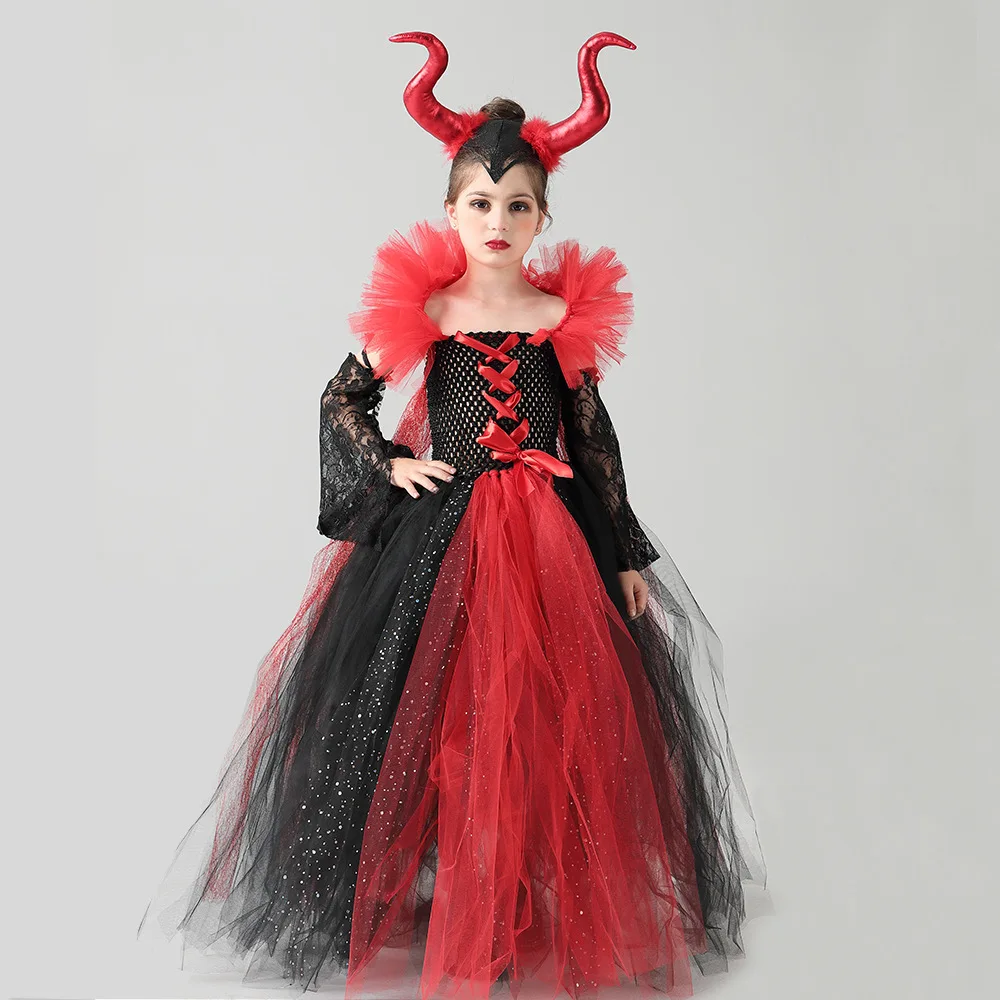 Halloween Girls Maleficent Costume Children Masquerade Carnival Party Vampire Red Queen Dress Up Birthday Tulle Puffy Ball Gowns |