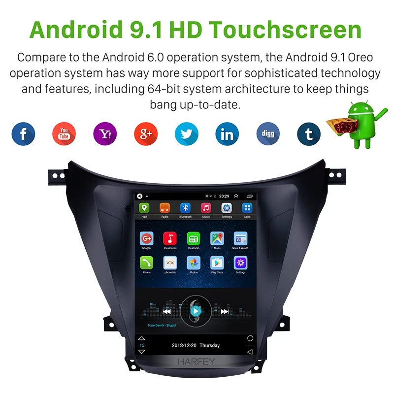 Harfey Auto Stereo GPS navigation Android 9.1 Car Head Unit DVD Player 9.7&quot for 2012 2013 2014 Hyundai Avante Elantra SWC 4G LTE |