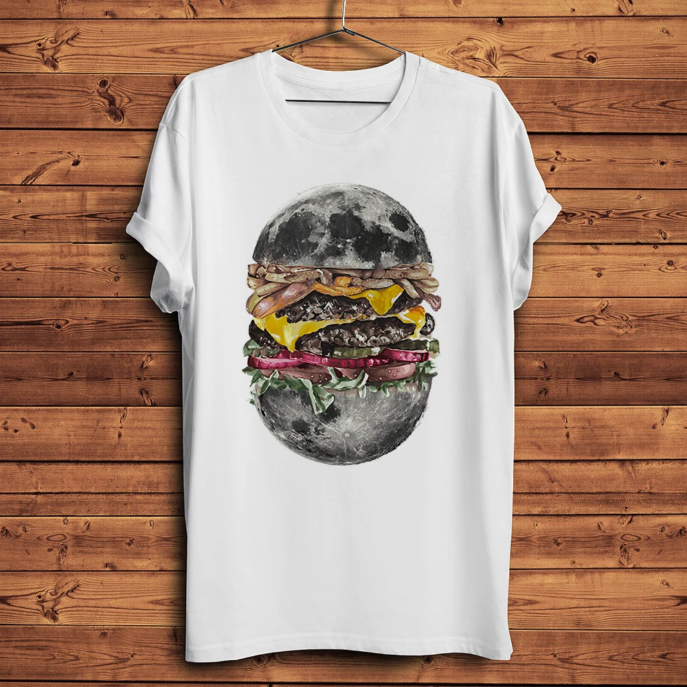 Camiseta divertida Unisex de manga corta para hombre, prenda de vestir, de color blanco, con estampado de la Luna, hamburguesa, super Hamburgo, para verano