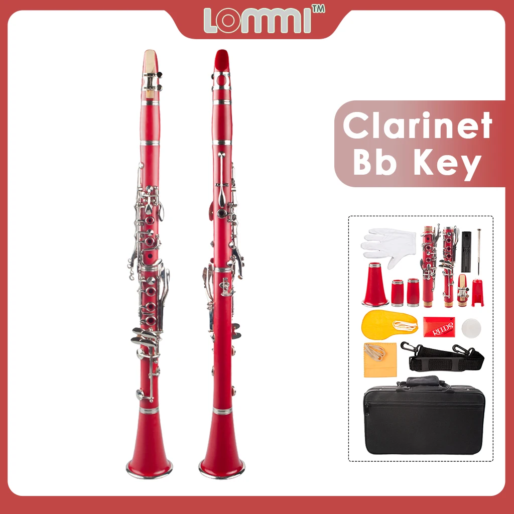 

LOMMI Clarinet Beginner Student Level B Flat ABS Nickel Plated 17 Keys Bb Tone With 2 Berrels Case 10 Reeds Mouthpiece