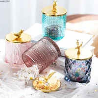 european style colored glass jar candy snack box with golden lid home deer head cotton swab candle jewelry box home decoration