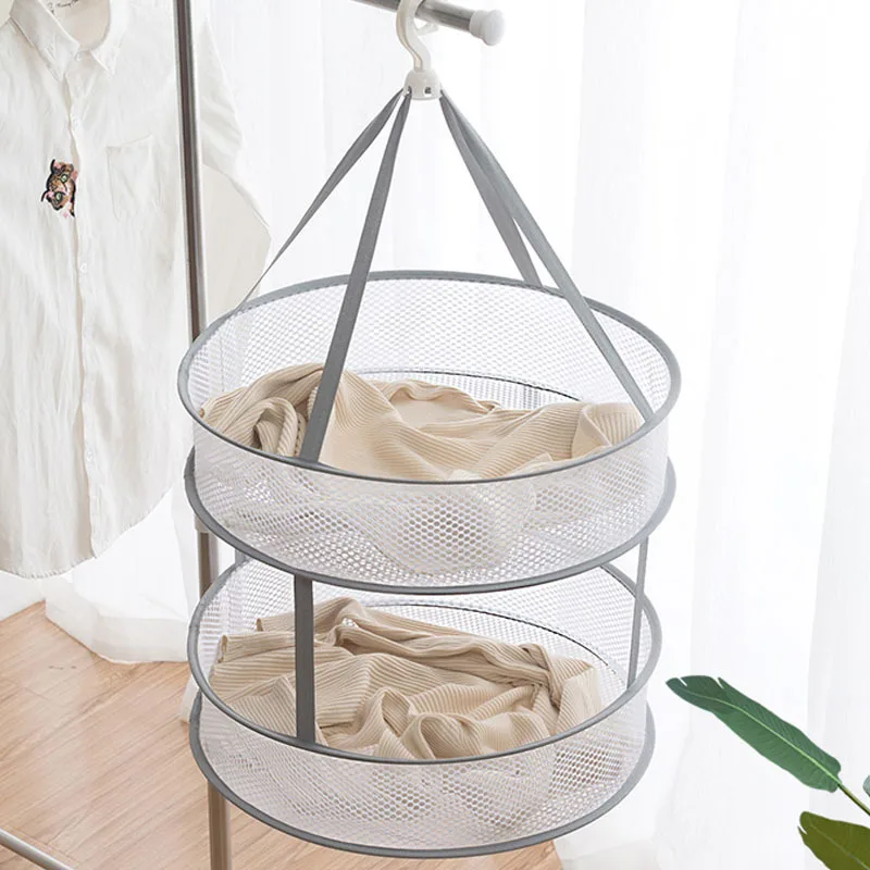

Modern Simple Double-layer Foldable Clothes Net Indoor Clothes Storage Artifact Polyester Mesh Windproof Clothes Basket