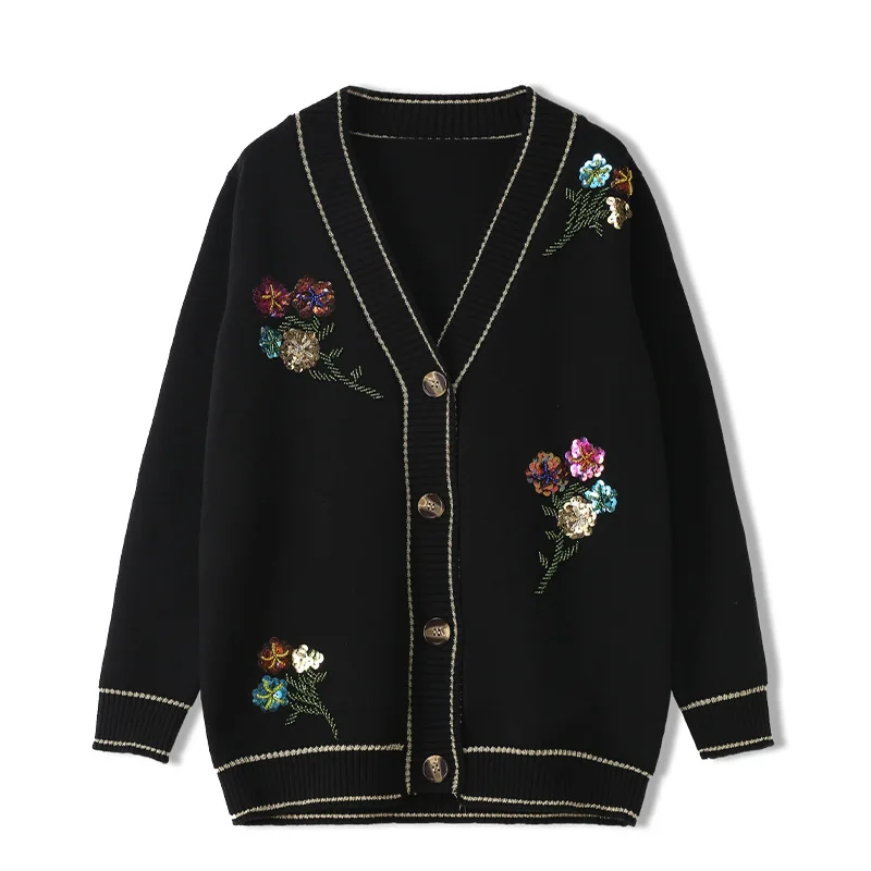

2021 винтажные расшитые блестками свитера с цветочной вышивкой Женские топы свободные с v-образным вырезом однобортные вязаные кардиганы кур...