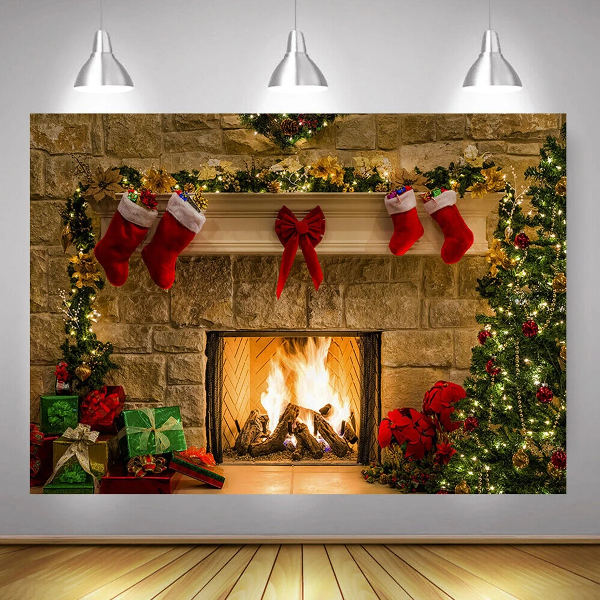 

Christmas Fireplace Red Socks Backdrop Photography Background Cloth Decoration Tree Winter Window Room Decor Photo Studio