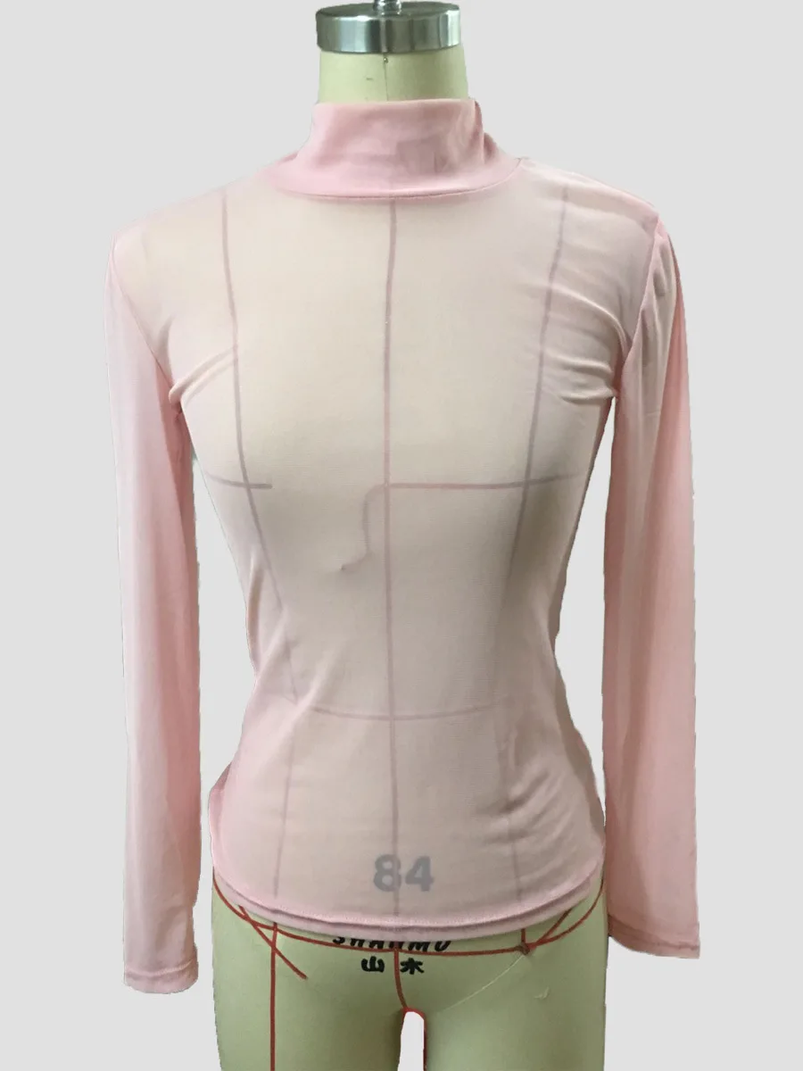 

European And American-Style Sexy Women's Skinny Underwear Long-Sleeve T-shirt Slim Fit Transparent Turtle-Neck Base Shirt Mesh