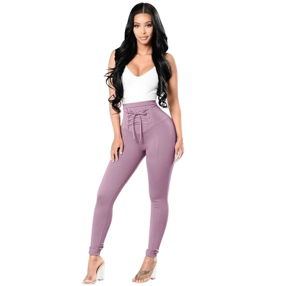 

2019 Popular Women's Leggings European and American Solid Color plus Size Fashion Bandage High Waist Stretch Leggings