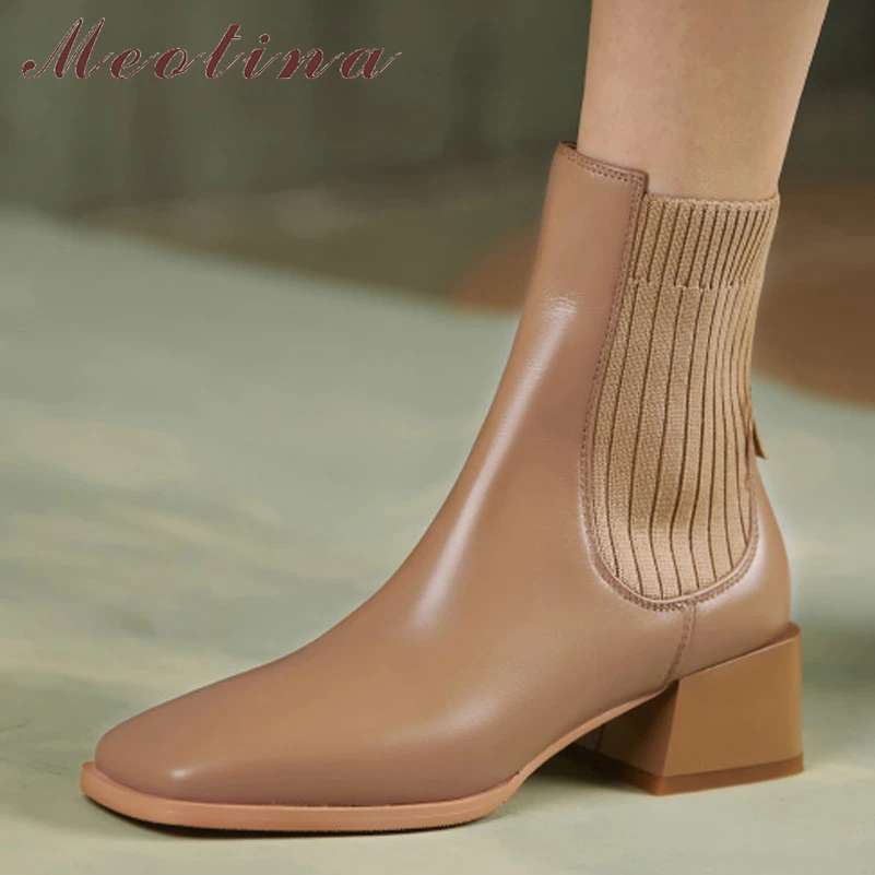 

Meotina Women Shoes Real Leather Ankle Boots Thick Med Heel Chelsea Boots Square Toe Ladies Boots Autumn Winter Apricot Black