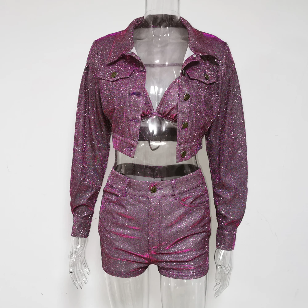 

Sparkling Bra+Shorts+Jacket 3 Piece Set Pink Glitter Sexy Club Wear Hot Fashion Outfit Street Wear Party 3 Piece Sets