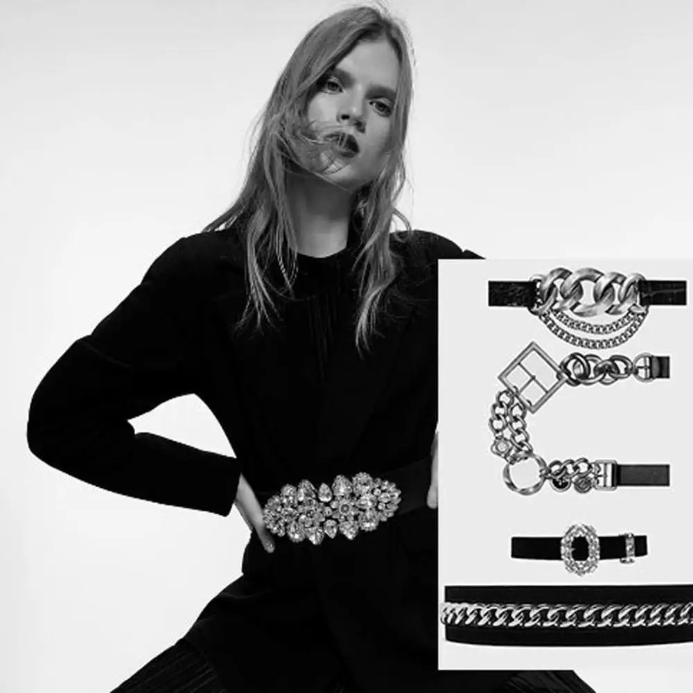 Женский кожаный ремень ZA блестящий пояс с пряжкой и кристаллами лимитированный