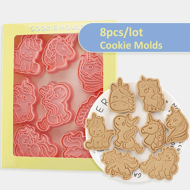 

8pcs/lot Cute Cartoon Unicorn Cookie Tool Set for Baking Molds 3D Biscuit Mould Kitchen Accessories Cookie Stamp