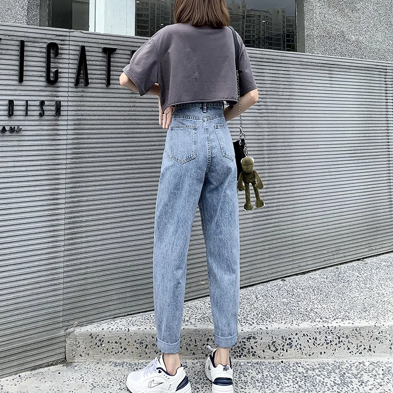 

2021 Autumn Women Loose Wide Legs Straight Jeans Lady Students Slim Cropped Dad Pants Female Denim High Waist Length Trousers