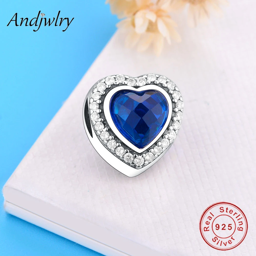 925 стерлингового серебра Игристые Любовь Шарм CZ и синего цветов с украшением в