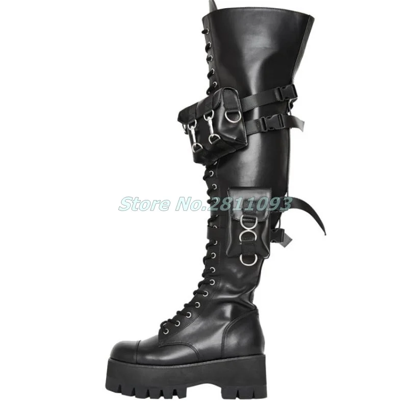 Knight Boots Black Leather Muffin Heel Knee High Runway Causal Winter Women Shoes Lace Up Bags Decor Motorcycle Boots Flat Heel
