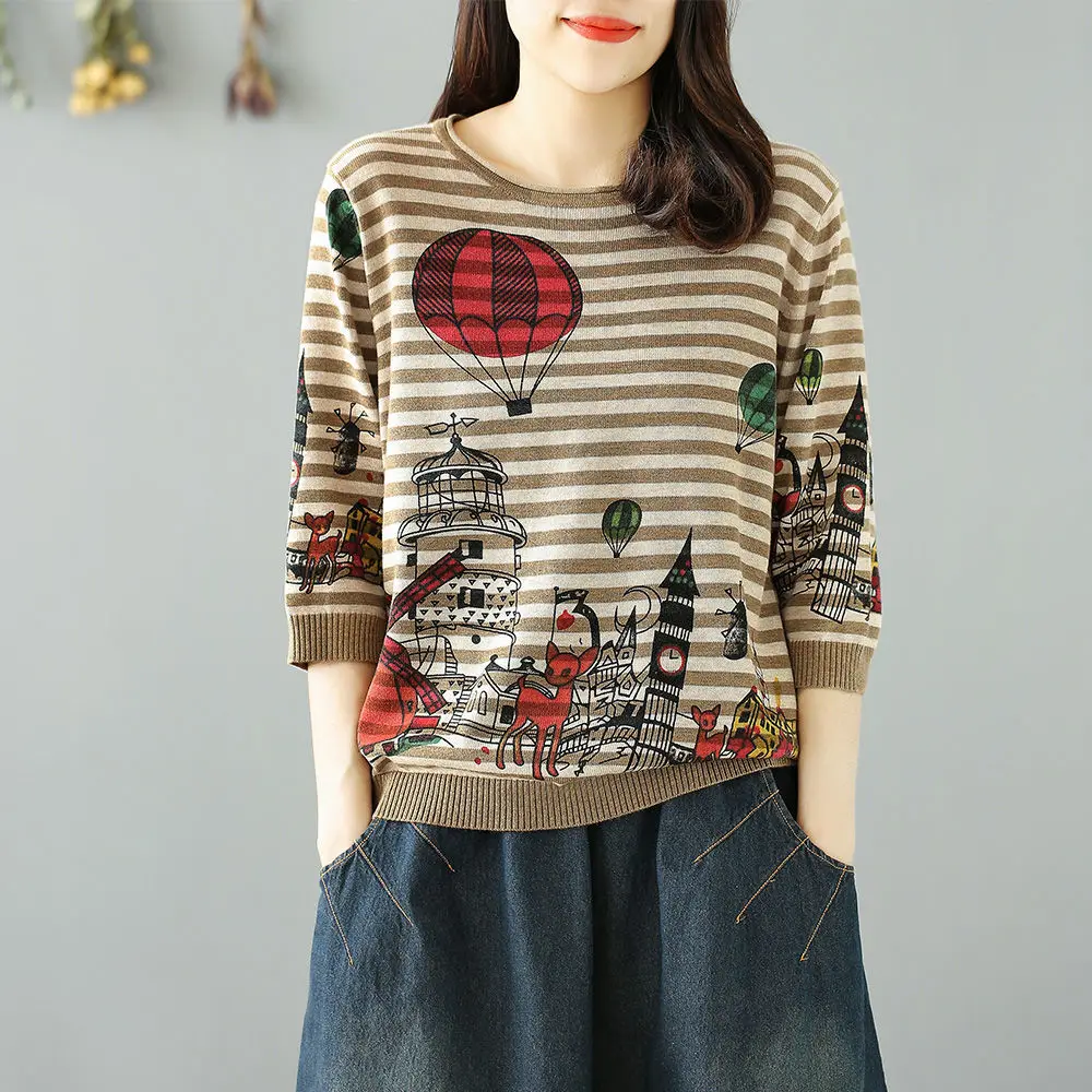 

Winter Spring Autumn New Oversize Loose Jumpers Female Vintage Casual Sweater Tops Ladies Print Pullover Knitted Tops M510