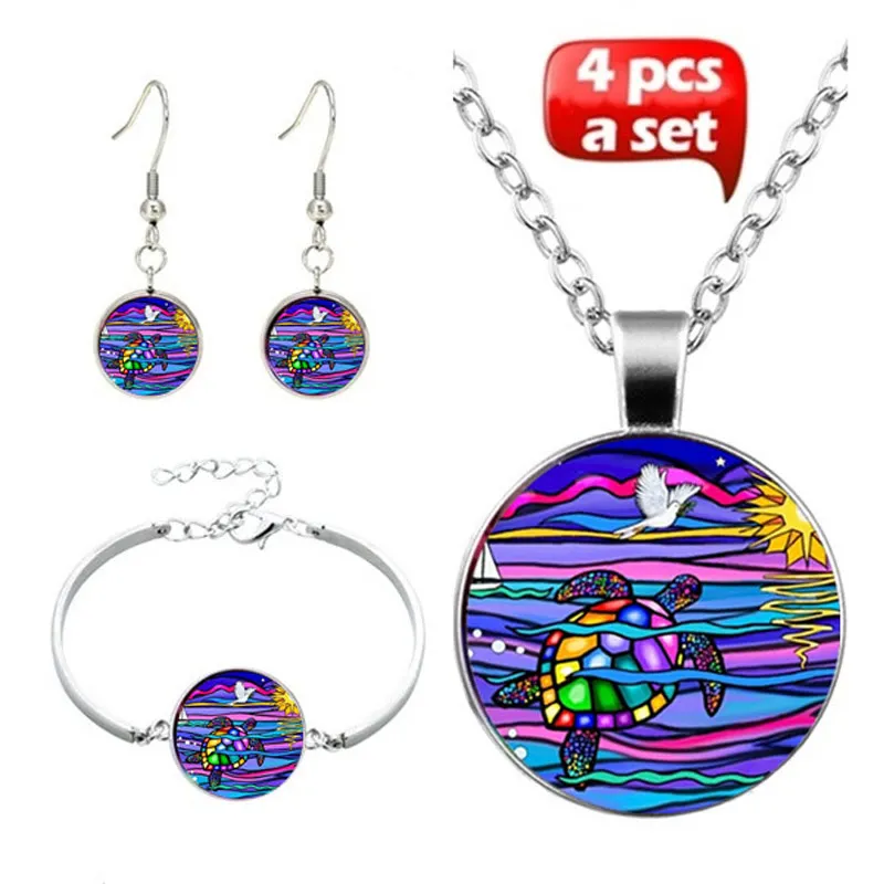 

4Pcs/Set Colorful Sea turtle Art Photo Cabochon Glass Jewelry Set Fashion Necklace Bracelet Earring Jewelry Sets for Women Gifts