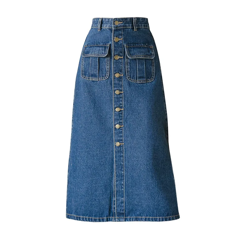 

Women Denim Skirt With Pocket Buttons High Waist Midi Length Long Jeans 2021 Summer Korean Fashion Ladies Outwear Casual Clothes