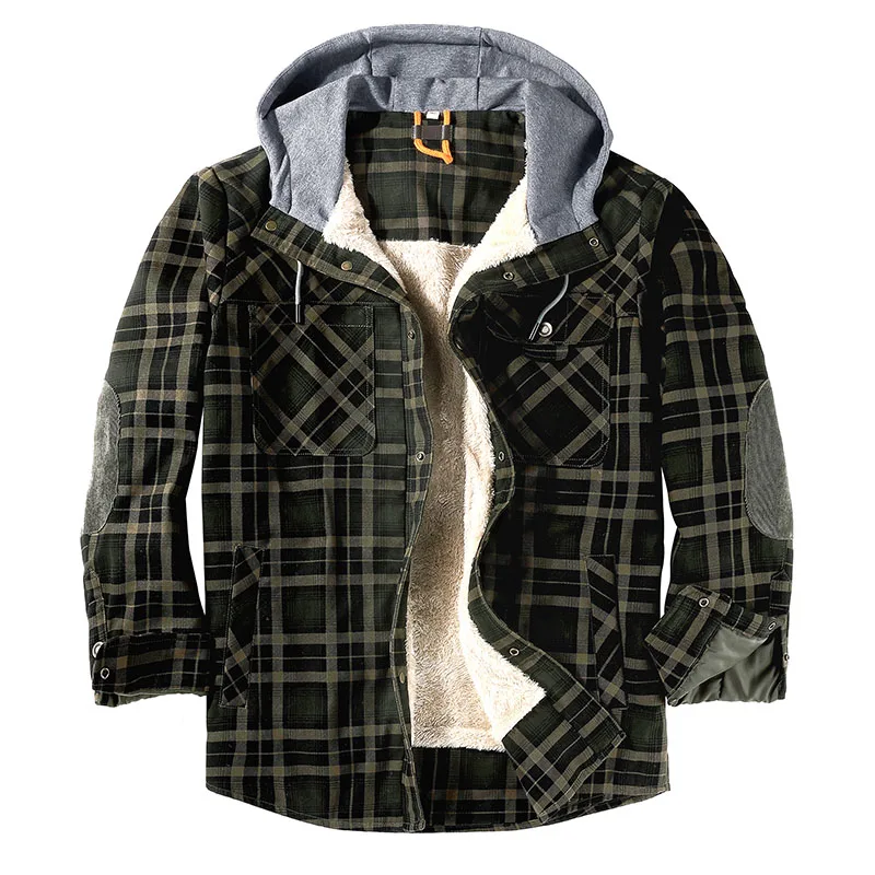 2022 Winter Casual Plaid Thickened Warm Fleece Men's Cotton Loose Long-Sleeved Shirt Hooded Single-Breasted Jacket