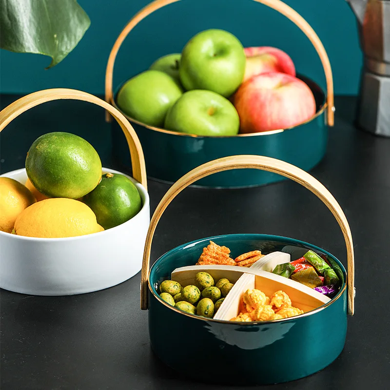 Creative Ceramic Dry Fruit Dessert Snack Tray with Bamboo Handle Home Compartment Bowl Living Room 4 Grid Storage Basket | Дом и сад