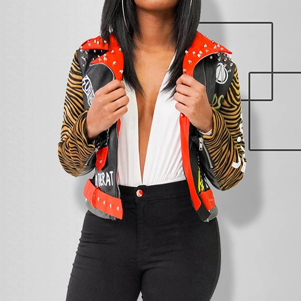 Женская Повседневная модная куртка из шипованной кожи с принтом привлекательная