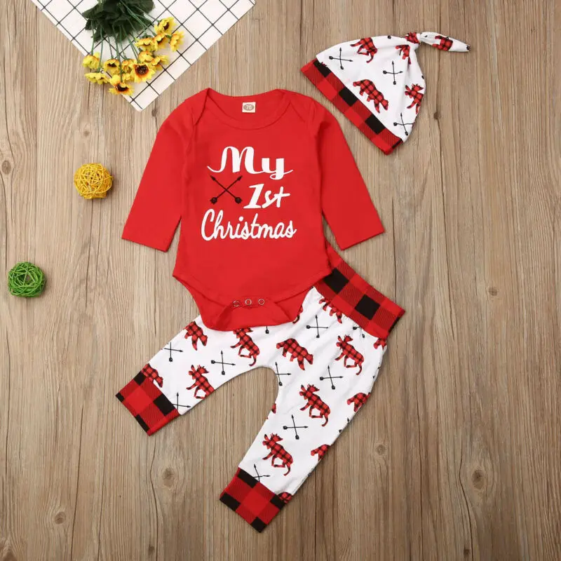 Lovely Kids Baby Girl Boy My First Christmas Letter Romper Pant Hat Outfits Xmas Set Autumn Clothing | Детская одежда и обувь