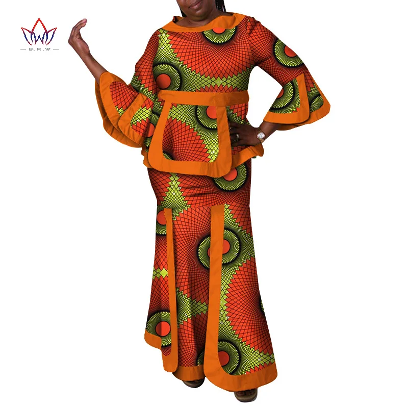 2021 New Autumn African Women Two-pieces Set Long Ruffle Sleeves + Mermaid Ankle Length Skirt 2 Pieces African Style WY2718