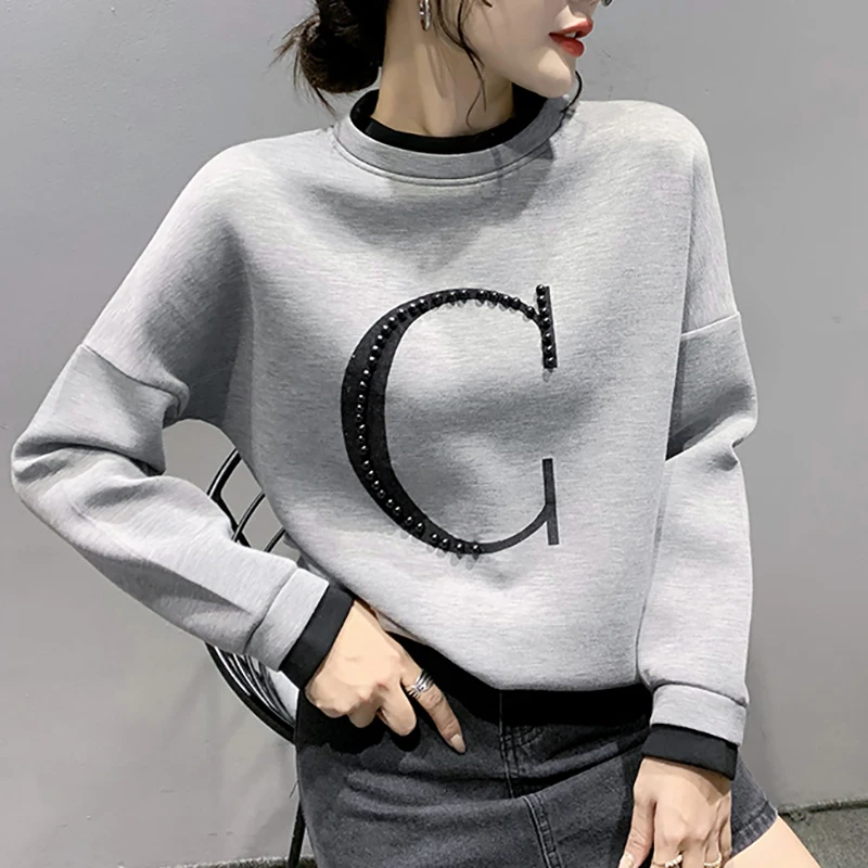 

O-neck Pullovers Women 2021 Loose Long Sleeve Chic Beaded Sweatshirt Female Fray Fake Two Pullover Female