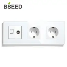 BSEED Double Wall Socket With TV PC Socket EU Standard Crystal Glass Panel Electrical Outlet White Black Golden 110V 250V