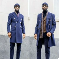 royal blue men suits wool overcoat metal button long jacket streetwear formal business tailored causal costume homme